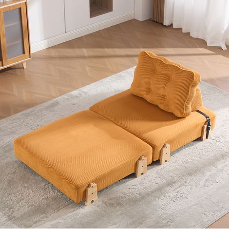 Klappbarer Einzelsessel aus Cord, wandelbar zum Bett, mit Holzgestell, orange (1/5)