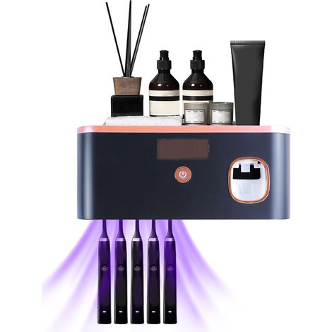 Porte-brosses à dents avec lumière UV pour 5 brosses – Stérilisateur, compatible brosses manuelles et électriques, recharge par énergie lumineuse, distributeur électrique de dentifrice (autonomie de 6 (1/5)