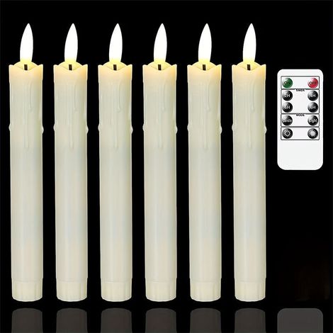 Bougies sans flamme à effet vacillant avec télécommande, 19 cm ivoire, à piles, lot de 6 bougies en plastique sans flamme à effet cire (2,2 cm de diamètre) (1/4)