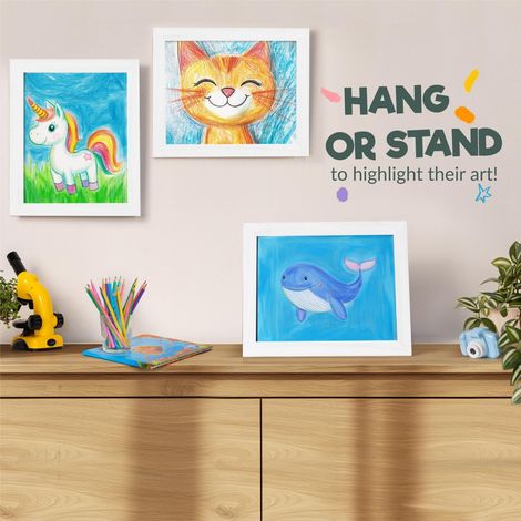 Cadres artistiques interchangeables - Ouverture frontale pour l'exposition et le rangement - 100 pièces - Lot de 3 cadres pour dessins d'enfants avec crochets muraux et support - 21 x 30 cm - Blanc (1/5)