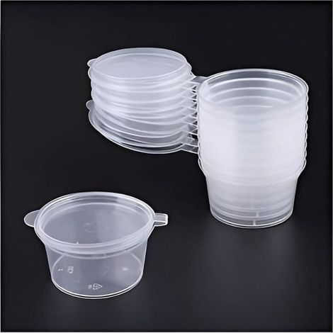 LYERCW - Pots en plastique réutilisables CHOISISSEZ VOTRE TAILLE Récipients alimentaires ronds en plastique Petits pots à sauce avec couvercles Pots à sauce à emporter Lot de 50 pots de 35 ml (1 o (1/2)