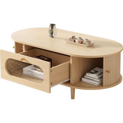 Table basse teinte bois 100×50×36cm, 1 tiroir porte enroulable 4 pieds