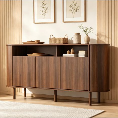 Buffet de rangement 160x40x78,5 cm avec 3 portes ondulées, 2 niches ouvertes, pieds en bois massif, coloris noyer (1/5)