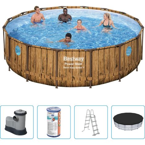 Piscine Bestway Power Steel Swim Vista - 488 x 122 cm - Imprimé bois - Ronde - Avec pompe filtrante + accessoires (1/5)