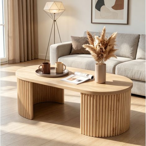 Mesa de centro ovalada de 100x50x35 cm con espacio de almacenamiento y estante, diseño minimalista acanalado, MDF color natural. (1/5)