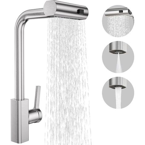 CYRILL - Rubinetto da cucina professionale con doccetta a 3 modalità, miscelatore monocomando in acciaio inossidabile, per lavelli monoforo, cucina, bar, camper, finitura nichel spazzolato (1/5)