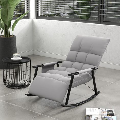 Fauteuil à bascule, cadre métallique, housse en microfibre, poche latérale, dossier et repose-pieds réglables, gris