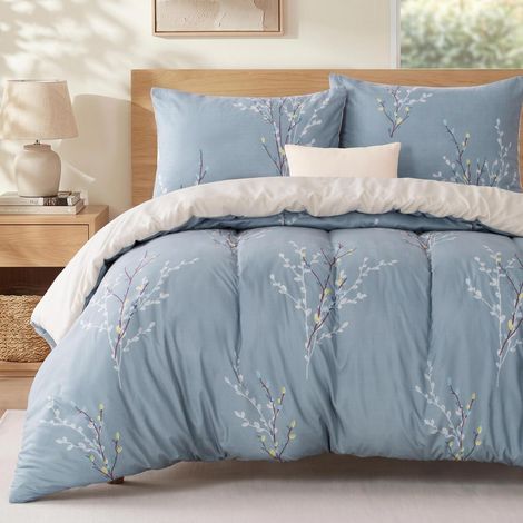 Bettwäsche-Set 155x220 cm, Mikrofaser, Botanik-Druck, Blau