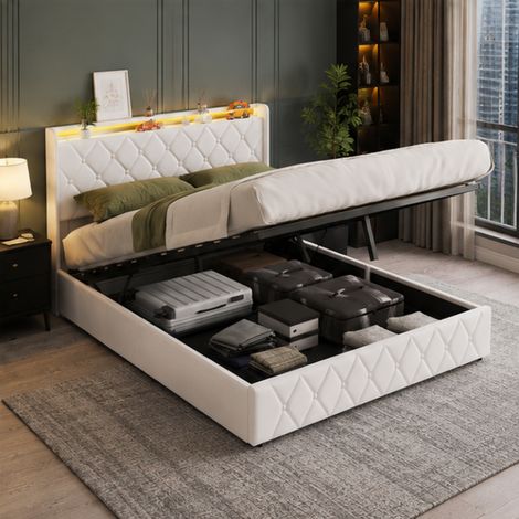 Lit coffre 160x200 avec LED et 1 USB/1 Type C, Lit rembourré 2 Personnes, lit double, cadre de lit avec tête de lit rangement, Beige, Velours, Matelas non compris, MDF (1/5)