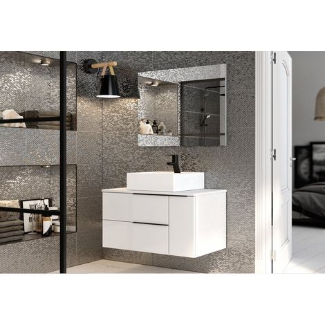 Mobile bagno sospeso 120 cm in legno bianco lucido con lavabo da appoggio - Liverpool - 120 cm Con specchio e lampada LED - Misura: 120 cm - Accessorio: Con specchio e lampada LED