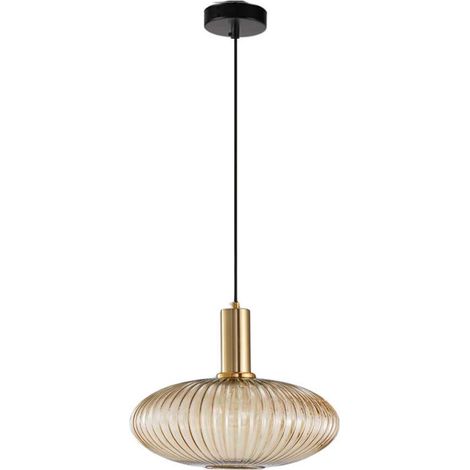 Lampe suspendue moderne, suspension en verre ambré avec douille de suspension en cuivre doré (1/5)