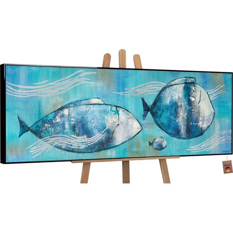 Handgemalte Schöne gemalte bild mit Rahmen Reisende Fische 150x50 cm