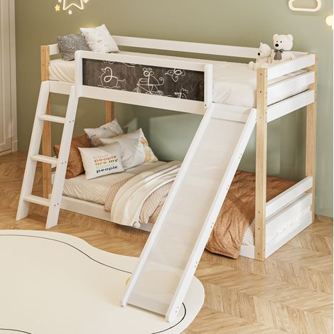 Lit superposé enfant 90x200 cm en bois blanc avec toboggan, gain de place, sans matelas – MEUBLIV (1/5)