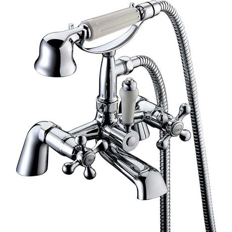 Edwardian Traditional Chrome Bath Shower Head Mixer Tap Ceramic Lever Handle (1/5)