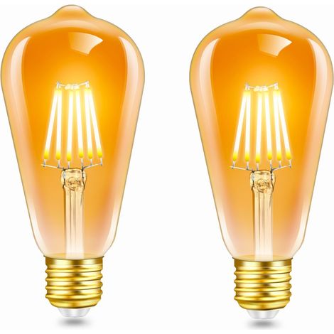 2er-Pack Vintage-Edison-Glühbirne E27 LED 6 W, Bernsteinglas, Warmweiß 2200 K, entspricht 60 W Glühlampe, 600 lm, AC 220 V, nicht dimmbar, ST64 Retro-Filament, dekorativ für Zuhause, Bars, Cafés