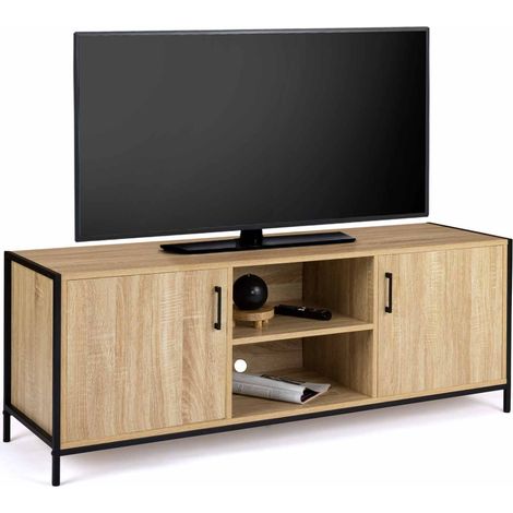 Idmarket – Meuble TV 140 cm en bois et métal – Style industriel – 2 portes – Compartiments ouverts – Trou passe-câbles – Dimensions 140x40x50 cm