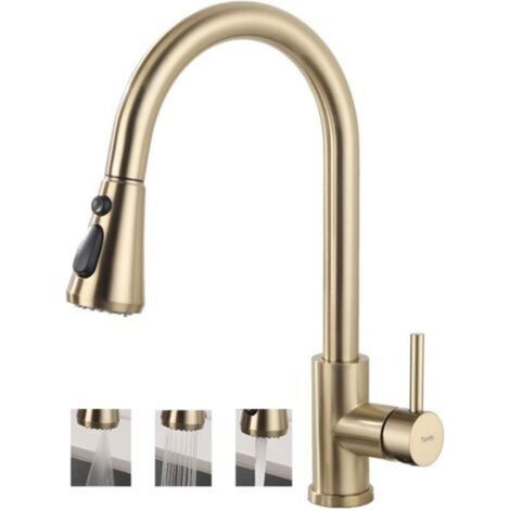 Robinet de Cuisine Doré avec Douchette Extractible, Mitigeur Évier avec 3 Modes de Pulvérisation, Robinetterie Monocommande Rotatif à 360° en Acier Inoxydable SUS304, Cartouche Céramique (1/5)
