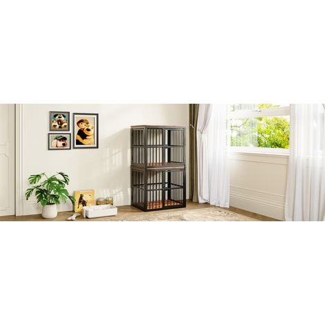 Meble modularne dla psów z 3 drzwiami i odporną na wodę płytą, stolik boczny 2 w 1, brąz retro, 68,4x53x61 cm (1/5)