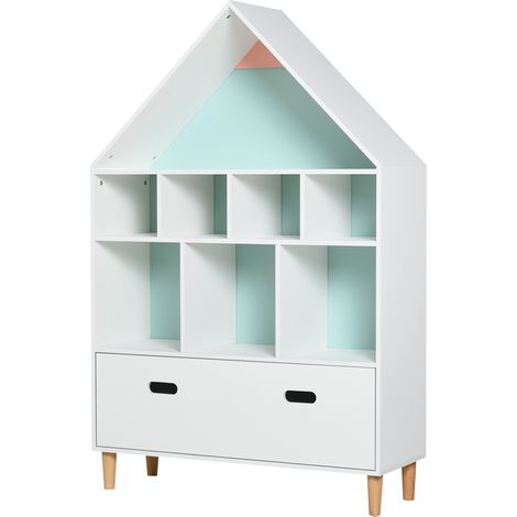 Würfelförmiges Bücherregal für Kinder- und Jugendzimmer, weiß mit zweifarbigen blauen und rosa Würfelregalböden, 82 x 30 x 126 cm