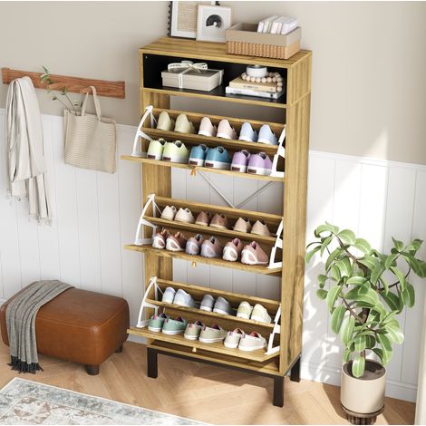 Schuhschrank 63x24x147 cm Natur MDF mit 3 Klappen und offenen Fächern (1/5)
