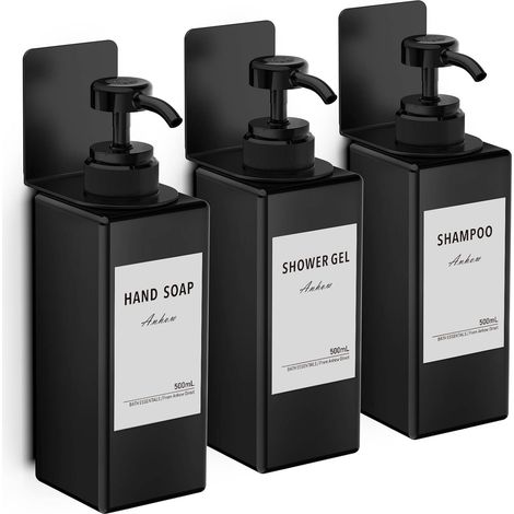 3 Pièces Distributeur Savon Mural, 500ml Distributeur Savon avec 16pcs Étiquettes No Perçage pour Cuisine et Salle de Bain - Noir (1/5)