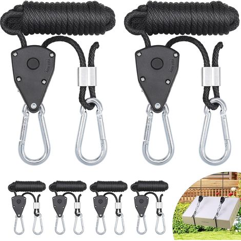 Hejo 6 Stück Ratchet Hangers, 1/8 Zoll Seilratsche mit Haken, 2,4 m Verstellbare Seilzugratsche für Sonnensegel Seilspanner, Windfestes Seil für Camping, Licht, Zimmerpflanzen (Schwarz) (1/5)