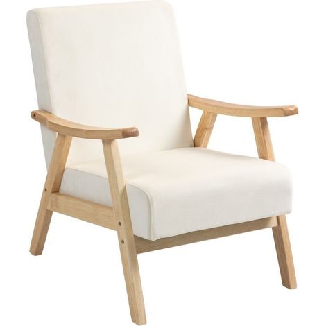 Fauteuil rembourré avec garnissage en mousse douce et cadre robuste en bois d'hévéa, dans une belle teinte blanc crème (1/5)