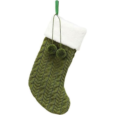 Chaussette de Noël en laine tricotée avec pompon pour cheveux, idéale pour la maison, les fêtes de Noël, les hôtels et les bars. Pendentif à suspendre, pochette cadeau de Noël (verte).-Green