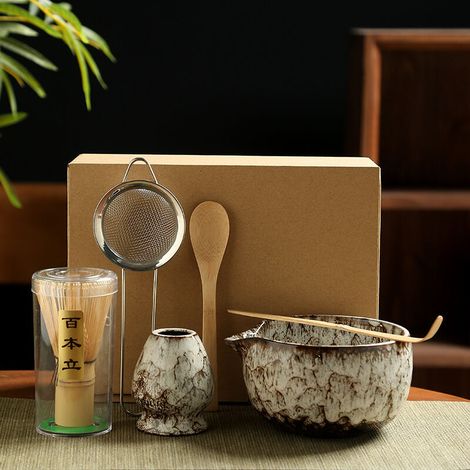 Service à matcha 6 pièces – bol blanc cuit au four – kit de cérémonie du thé
