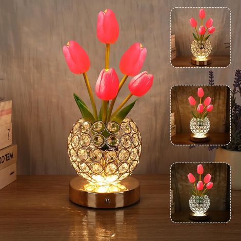 Cadeaux d'anniversaire pour femme - Lampe de table à batterie - 3 couleurs - Fleur de cristal - Intensité variable à l'infini - Avec charge USB - Petite veilleuse - Lampe de chevet tactile pour (1/5)
