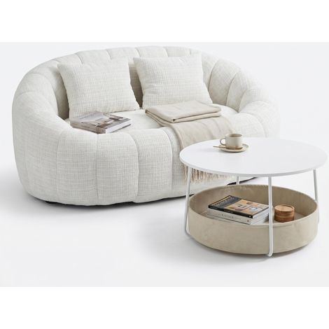 FurnitureR Wohnzimmer Set rundes Sofa 2 Sitzer Stoff creme mit Couchtisch modernes Lounge Möbel Set kompakt gemütlich