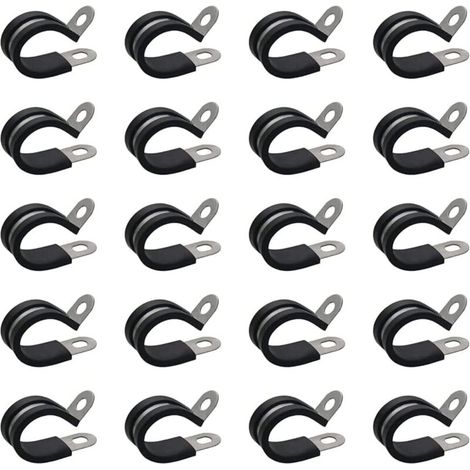 Bardusch Lot de 20 colliers de serrage 8 mm en acier inoxydable avec insert en caoutchouc - Colliers de serrage pour tuyau articulé - Clip P - Set de colliers de serrage - Noir (1/5)