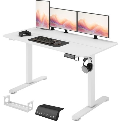 Bureau assis-debout, bureau d'ordinateur réglable en hauteur, 140 cm x 70 cm x 116 cm, blanc (1/5)