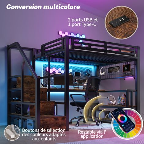 Lit surélevé 140x200, cadre métallique noir, rangements intégrés, bibliothèque, penderie, éclairage LED, bureau, échelle avec tiroirs, 2 prises USB + USB-C, sans matelas (1/5)