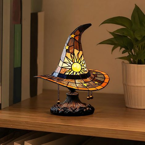 Lampe de table chapeau de sorcière en résine style vitrail, veilleuse chapeau de sorcier gothique pour Halloween, alimentation USB (1/5)