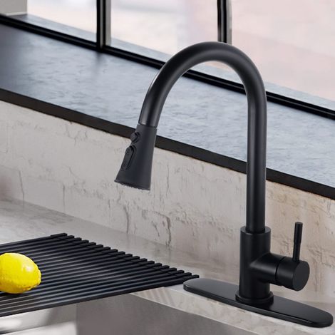 Robinet de cuisine monocommande noir mat à montage sur plage avec douchette extractible (1/5)