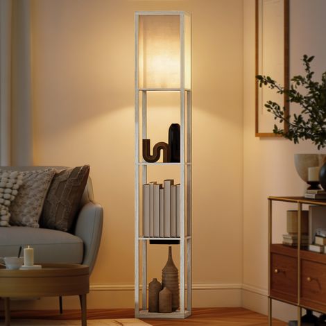 Lampe pied avec étagères lumière réglable interrupteur ports USB blanc/chêne