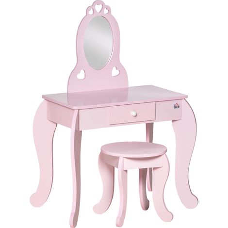 Coiffeuse enfant avec tabouret en bois, miroir et tiroir, 60 x 36 x 88 cm, rose (1/5)