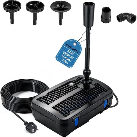 2500 l/h 57 W Gartenteichpumpe mit UV-Aquarienlampe, Filter mit 3 Fontänenaufsätzen, Filtermaterial, 3-Wege-Verstellarmaturen, 10 m Kabel, für Fische im Freien
