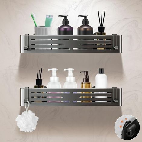 Set di 2 mensole per doccia, in acciaio inox e alluminio, con potenti ventose, portata 10 kg, dimensioni 6,6x32x13 cm, ideali per bagno e cucina. (1/5)
