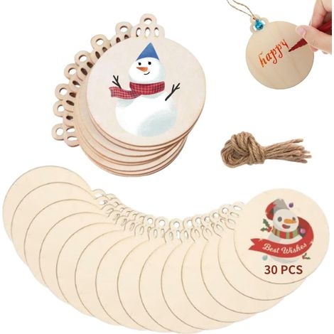 30 boules Noël en bois naturel + cordons, tranches rondes pour sapin, DIY ou décoration enfants