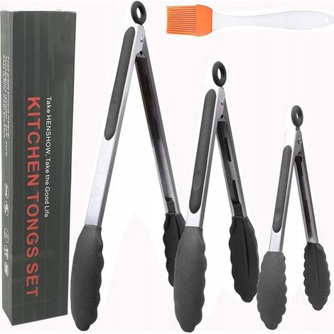 GROOFOO Pinces alimentaires en silicone Pinces à barbecue Pinces alimentaires en nylon noir résistant aux hautes températures (7 pouces 9 pouces 12 pouces) + brosse(Couleur aléatoire) (1/5)