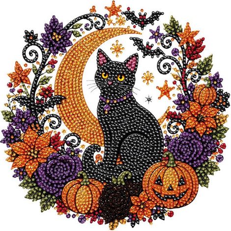 Kit DIY Diamant Halloween Chat et Lune, Décoration Murale 25x25 cm avec Chaîne de 25 cm