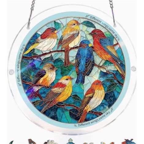 Nouveaux attrape-soleil oiseaux de printemps pour fenêtre - Puzzle d'oiseaux colorés - Pendentif lumineux - 20 x 20 cm
