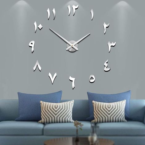 Mute DIY Horloge Murale sans Cadre avec Chiffres Arabes 3D Miroir Autocollant Décoration de Maison Bureau (Argenté) (1/5)