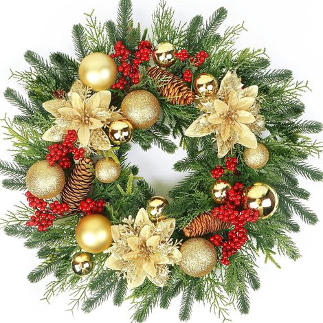 Guirlande De Noël - 50 Cm - Boules Dorées Et Fleurs Artificielles - Baies Rouges - Pour Porte Intérieure Extérieure - 1 Pièce (1/5)