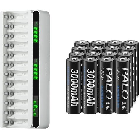 Ensemble de batteries rechargeables, chargeur LCD intelligent, capacité de 3000mAh, 16AA 1 Chargeur (1/2)