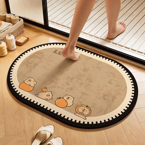Tapis de bain en terre de diatomées ultra-absorbant, 50 x 80 cm, forme ovale, bord en éventail, antidérapant, idéal pour la salle de bain et les toilettes. (1/2)