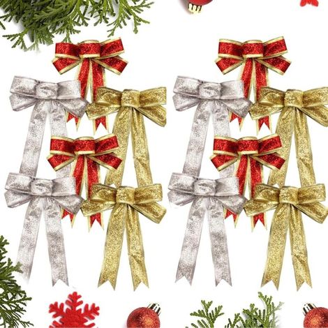 Set mit 12 großen Weihnachtsschleifen – Weihnachtsbaumschmuck – Dekoration für Weihnachtskränze, Hochzeiten, Autos – Hängedekoration (rot, gold, silber) (1/4)