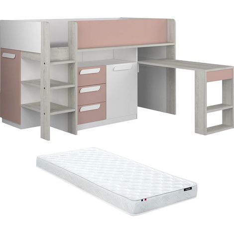 Letto combinato 90 x 200 cm Con scrivania e scomparti Rosa, Naturale e Bianco + Materasso - LOUKALA (1/5)